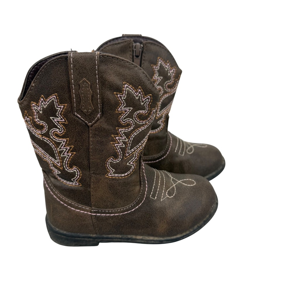 Kids Brown Faux Leather Cowboy Boots with Pink Stitching Side Zip Size 9